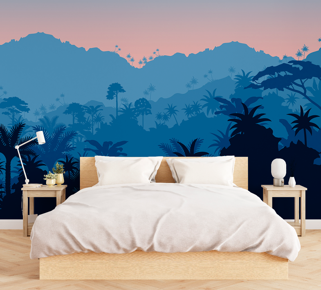 Bedroom - A modern bedroom featuring a large bed with white bedding, flanked by two nightstands, against a wall with a Decor2Go Wallpaper Mural Tropical Silhouette or Nature's Silhouette Wallpaper Mural.
