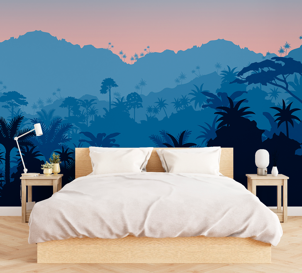 A modern bedroom featuring a large bed with white bedding, flanked by two nightstands, against a wall with a Decor2Go Wallpaper Mural Tropical Silhouette or Nature's Silhouette Wallpaper Mural.
