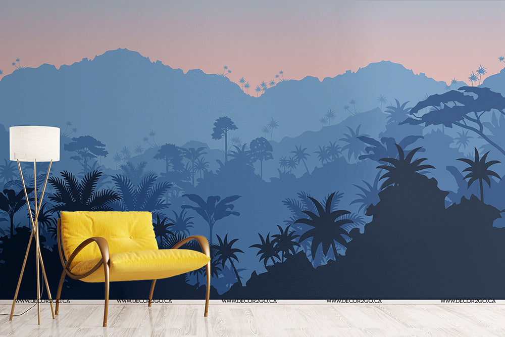 A stylish room featuring a yellow armchair and a tall white floor lamp next to a wall with a detailed Decor2Go Wallpaper Mural in shades of blue and gray.