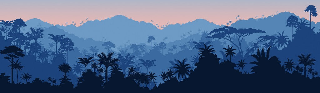 A panoramic view of a layered Tropical Silhouette wallpaper mural by Decor2Go against a gradient twilight sky, showcasing various trees and mountain outlines.
