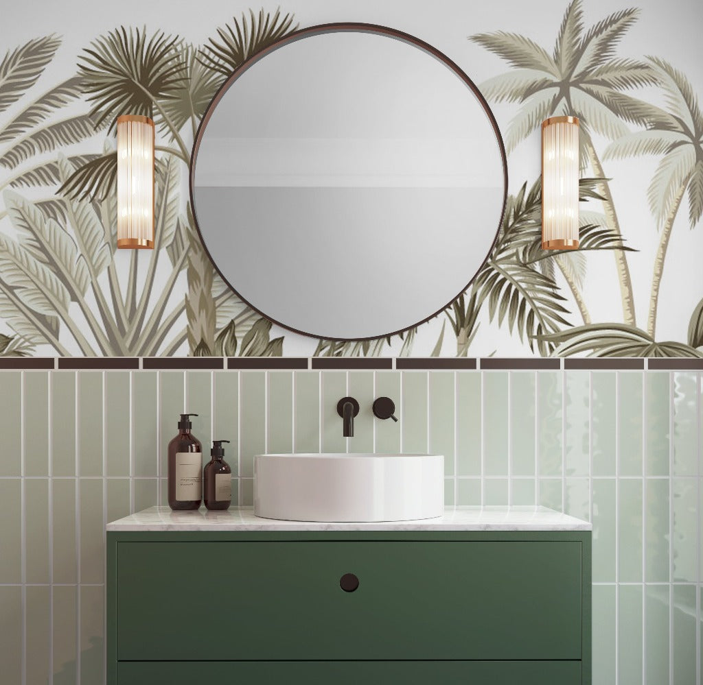 A bathroom with a mirror and Decor2Go Tropical Vintage Landscape Wallpaper Mural.