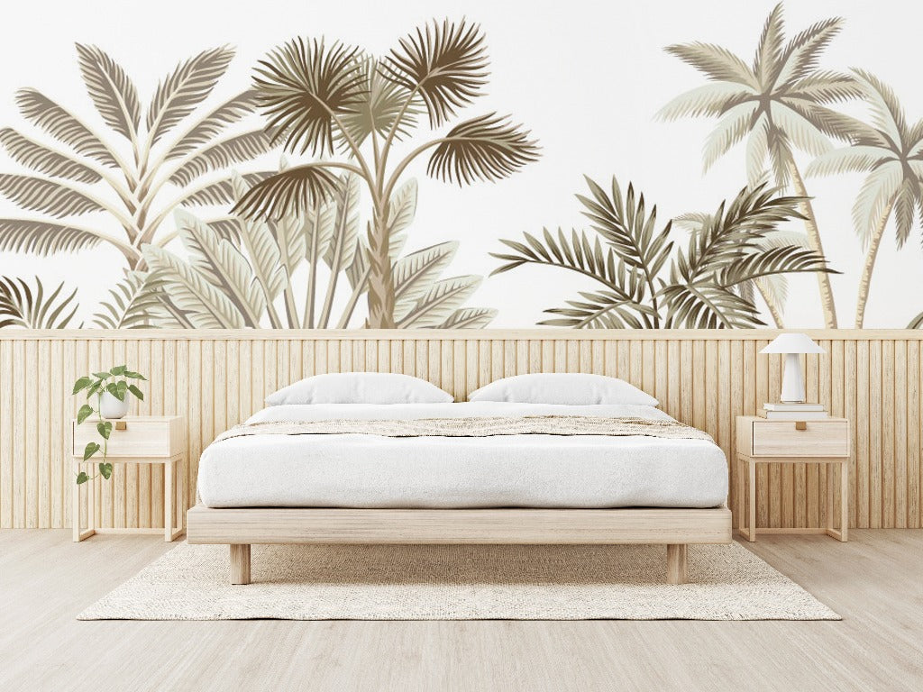 A serene bedroom featuring a wooden platform bed with white bedding, flanked by matching nightstands and lamps, set against a backdrop of Decor2Go Wallpaper Mural and a wooden fence.