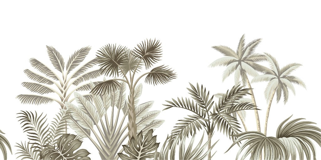 Illustration of various Tropical vintage landscape Wallpaper Mural and palm trees in shades of green and beige, set against a plain white background, ideal for custom wall murals by Decor2Go Wallpaper Mural.
