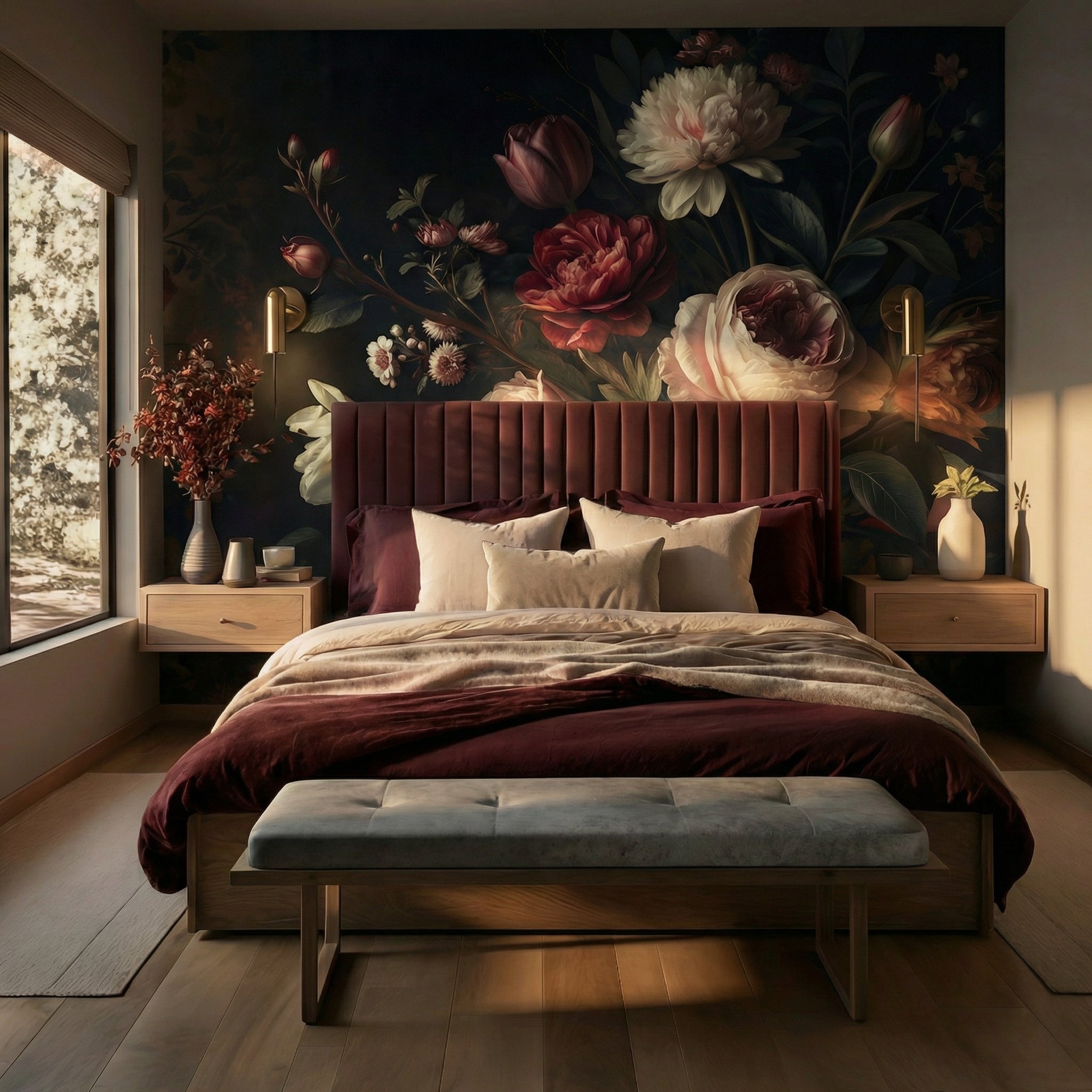 Bedroom - Modern bedroom with floral wall mural, wooden bed, and side tables.
