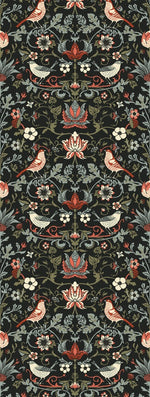 An ornate floral and bird pattern with symmetry, featuring intricate designs of Victorian flowers, leaves, and birds in red, white, and green on a dark background is captured in the Victorian Times Wallpaper Mural by Decor2Go Wallpaper Mural.