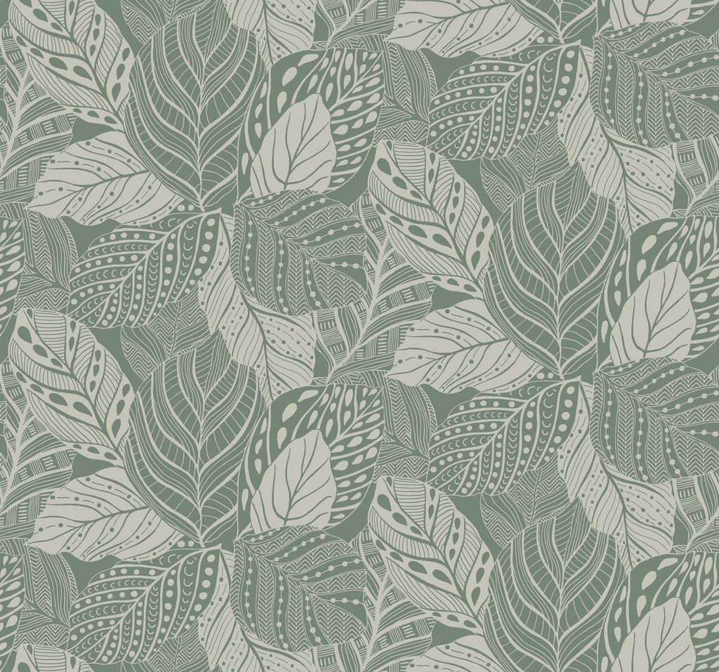 A seamless Vinca Eucalyptus Wallpaper Green (60 Sq.Ft.) by York Wallcoverings featuring detailed, stylized leaves in white and shades of green, with intricate dotted and lined textures on each leaf.
