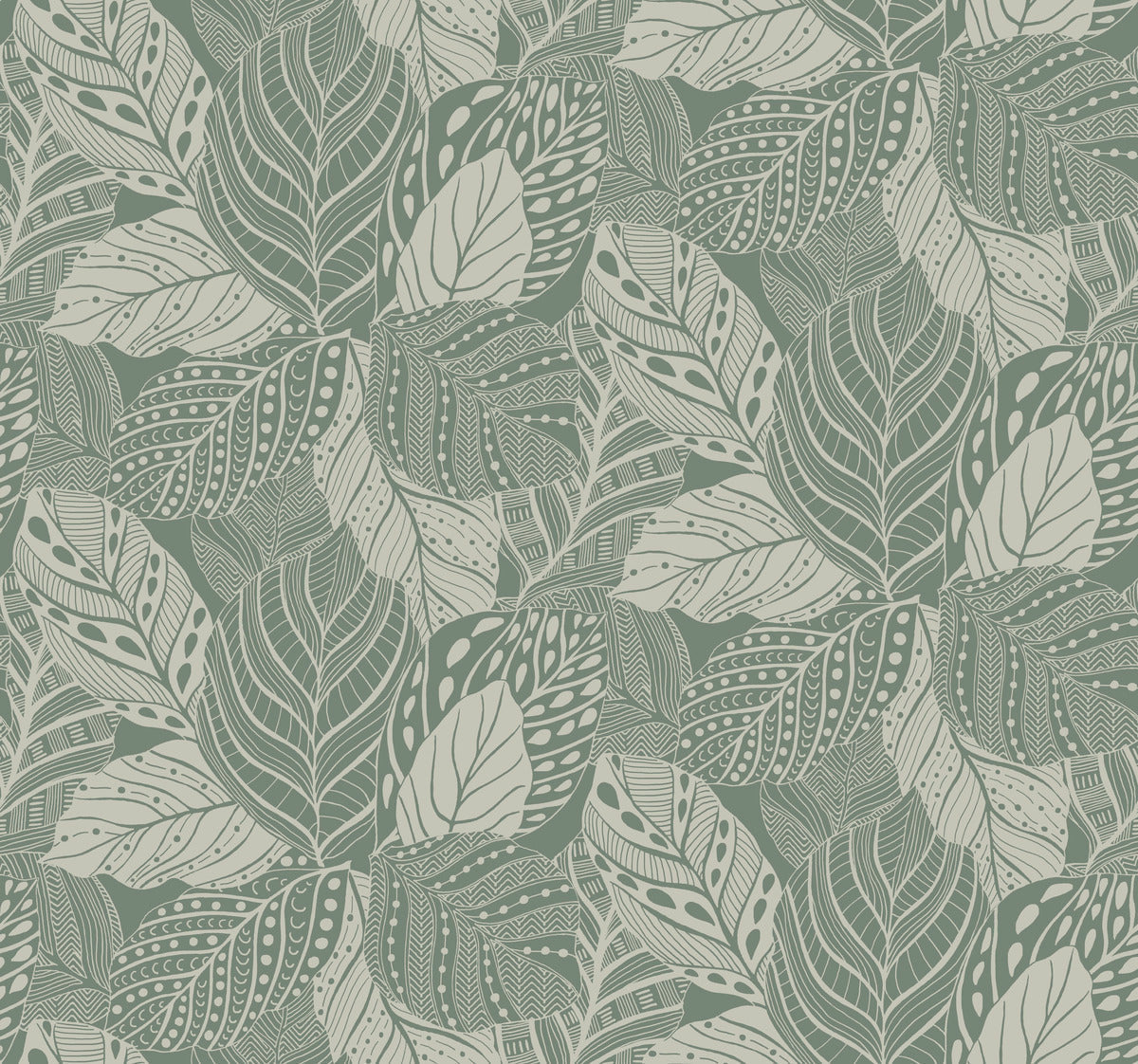 A seamless patterned design featuring an array of leaves with intricate line details and varying textures. The leaves are primarily in shades of green and white, creating an organic and natural aesthetic. This Vinca Smokey Blue Wallpaper Blue (60 Sq.Ft.) by York Wallcoverings is made from a durable material that is easy to hang and remove.