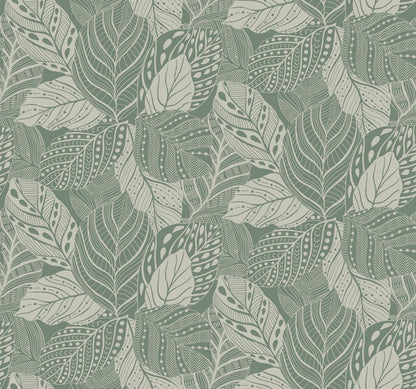 An intricate pattern of various leaves in shades of green and white, featuring detailed line work and geometric designs on durable non-woven material. The textural canopy of vines overlaps, creating a dense, repetitive, and visually engaging composition reminiscent of Vinca Glint Wallpaper Metallic (60 Sq.Ft.) by York Wallcoverings.