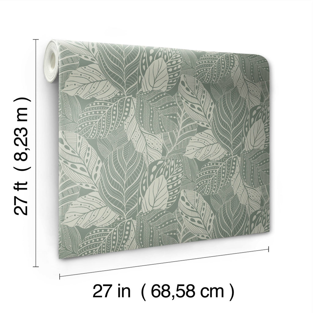 A roll of Vinca Eucalyptus Wallpaper Green by York Wallcoverings featuring a detailed leaf pattern in shades of green and white, labeled with dimensions "27 in (68.58 cm)" wide and "27 ft (8.23 m)" long.