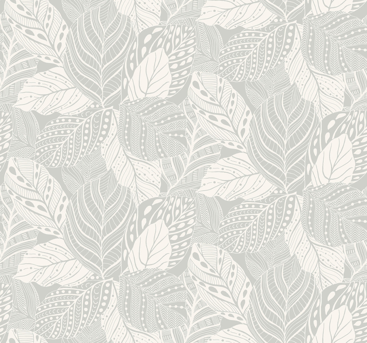 A seamless pattern featuring a collection of intricately designed leaves in various shades of gray envelops this Vinca Glint Wallpaper Metallic (60 Sq.Ft.). Each leaf exhibits unique patterns with dots, lines, and geometric shapes, creating a harmonious texture. The background is a soft, off-white color. This product is offered by York Wallcoverings.