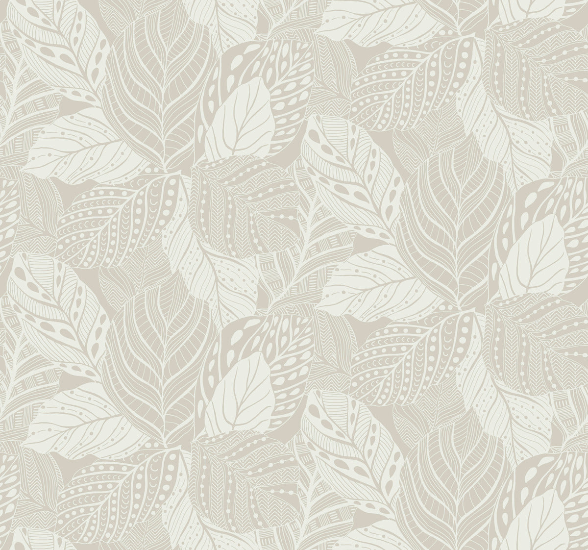 A seamless pattern of intricately detailed leaves in beige and white hues graces this Vinca Glint Wallpaper Metallic by York Wallcoverings. The leaves, varying in shape and size, are each adorned with different textures and markings on a durable non-woven material, creating a complex, elegant design.