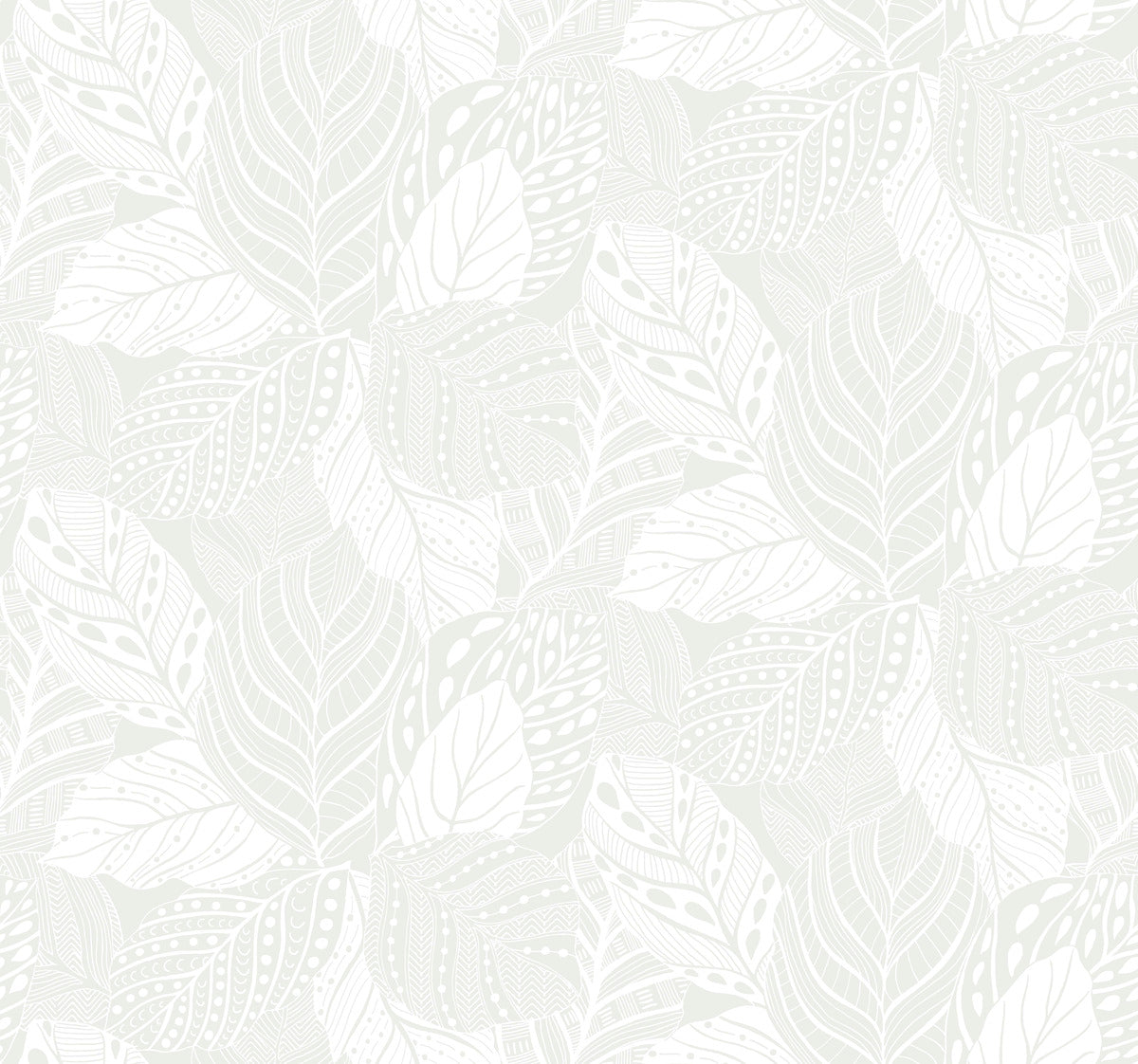 Seamless pattern of intricately detailed Vinca Eucalyptus Wallpaper Green leaves on a light gray background, creating a delicate and ornate botanical removable wallpaper texture by York Wallcoverings.