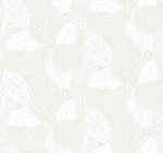 Seamless pattern of intricately detailed Vinca Eucalyptus Wallpaper Green leaves on a light gray background, creating a delicate and ornate botanical removable wallpaper texture by York Wallcoverings.