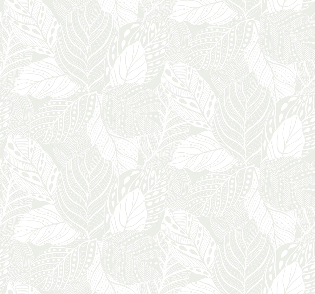 Seamless pattern of intricately detailed Vinca Eucalyptus Wallpaper Green leaves on a light gray background, creating a delicate and ornate botanical removable wallpaper texture by York Wallcoverings.