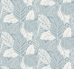 A detailed seamless pattern featuring intricate, stylized leaves in white outlined on a soft blue background, showcasing a variety of decorative elements within each leaf. This Vinca Eucalyptus Wallpaper Green (60 Sq.Ft.) by York Wallcoverings is easy to hang and remove.