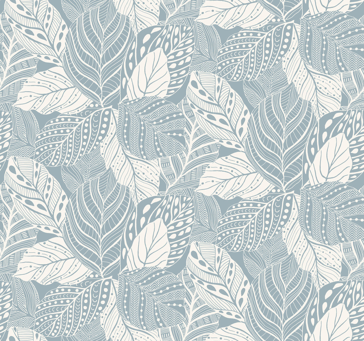 An intricate illustration of overlapping leaves with various patterns, including stripes, dots, and swirls, in shades of white and light blue. This York Wallcoverings Vinca Smokey Blue Wallpaper Blue (60 Sq.Ft.) creates a dense, textured background and is made from durable material that's easy to hang and remove.