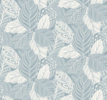 An intricate illustration of overlapping leaves with various patterns, including stripes, dots, and swirls, in shades of white and light blue. This York Wallcoverings Vinca Smokey Blue Wallpaper Blue (60 Sq.Ft.) creates a dense, textured background and is made from durable material that's easy to hang and remove.