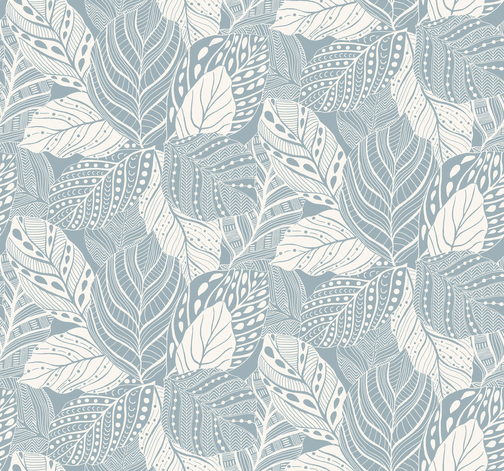 A detailed seamless pattern featuring intricate, stylized leaves in white outlined on a soft blue background, showcasing a variety of decorative elements within each leaf. This Vinca Eucalyptus Wallpaper Green (60 Sq.Ft.) by York Wallcoverings is easy to hang and remove.