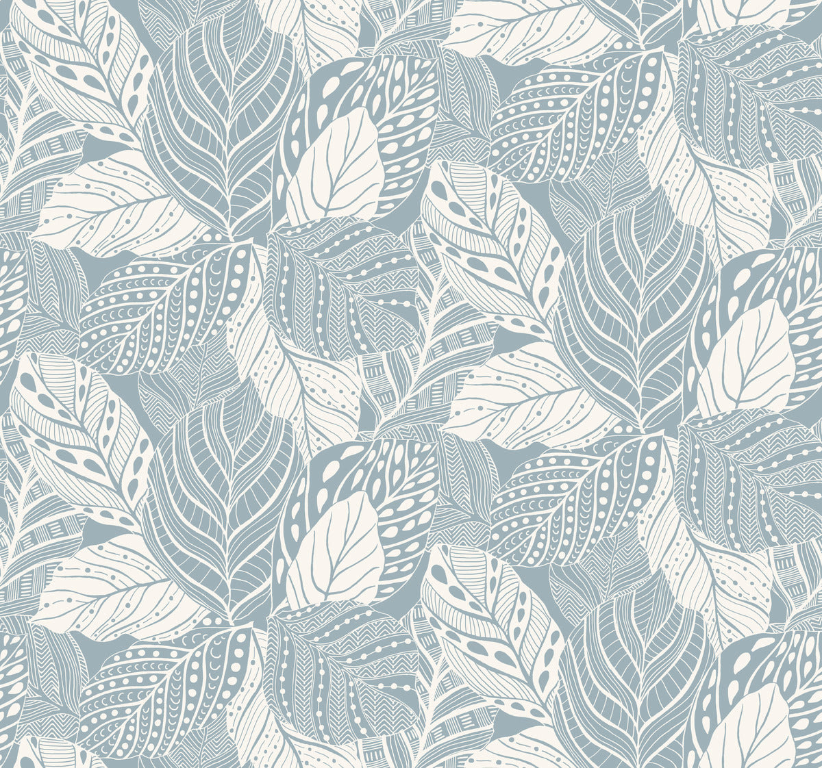 A seamless pattern of intricately drawn leaves in white outlines on a light gray background, resembling a textural canopy of vines. Each leaf features detailed designs, including lines, dots, and geometric shapes, creating a complex look. The Vinca Glint Wallpaper Metallic (60 Sq.Ft.) by York Wallcoverings offers a uniform and repetitive design.