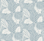 A seamless pattern of intricately drawn leaves in white outlines on a light gray background, resembling a textural canopy of vines. Each leaf features detailed designs, including lines, dots, and geometric shapes, creating a complex look. The Vinca Glint Wallpaper Metallic (60 Sq.Ft.) by York Wallcoverings offers a uniform and repetitive design.