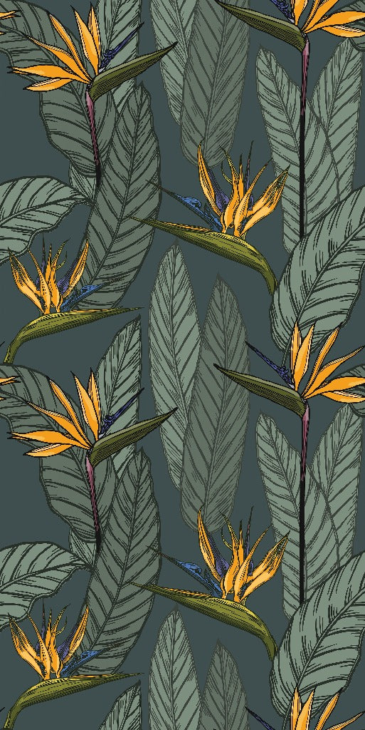 Illustrated pattern with vibrant yellow and orange bird-of-paradise flowers and large green leaves against a dark gray background. The floral design, reminiscent of Vintage Botanical Garden Wallpaper Mural from Decor2Go Wallpaper Mural, features detailed leaves and flowers in a repeating arrangement, creating a tropical and lush aesthetic.