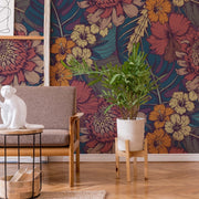 Living Room - A stylish living room with a large Decor2Go Wallpaper Mural, a beige sofa, a white monkey lamp on a side table, a green plant in a white pot, and wooden decor elements.