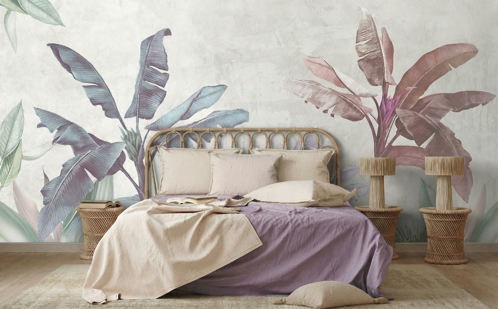 Bedroom - Bedroom with a bed and decorative wall mural featuring plants