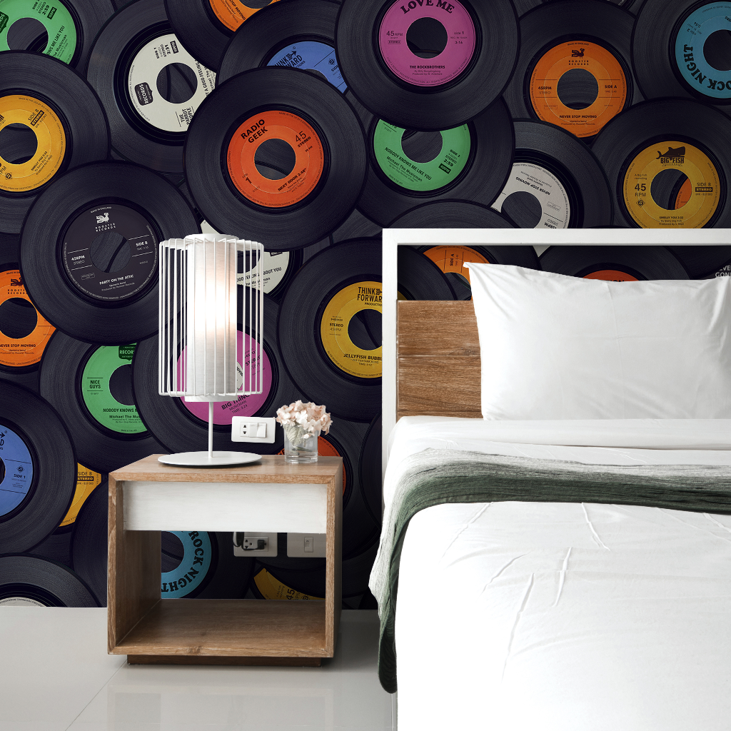 Vinyl Music Wallpaper Mural in the bedroom
