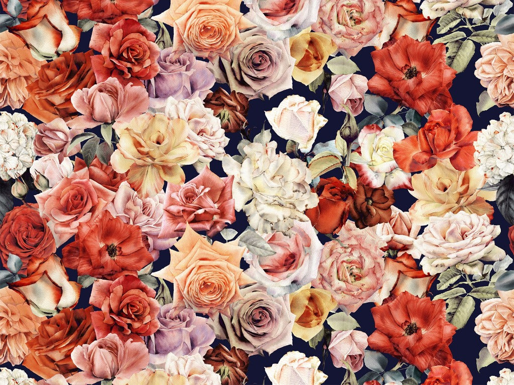 A vibrant collage of various flowers, including roses and tulips, showcasing a range of colors like crimson, cream, and red, set against a dark background can be found in the Wall of Roses Wallpaper Mural by Decor2Go Wallpaper Mural.