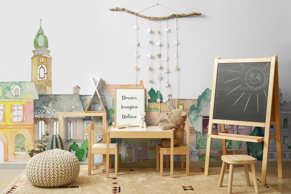 Nursery - A nursery room with a Watercolor Castle Wallpaper Mural by Decor2Go Wallpaper Mural and chairs.