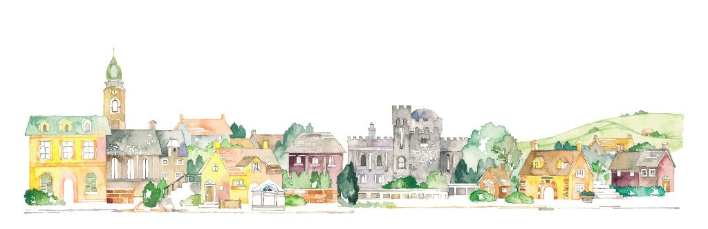 Nursery - A panoramic watercolor painting of a quaint, European-style village, perfect as Watercolor Castle Wallpaper Mural nursery wallpaper, featuring diverse architecture styles, including a church, castle, and assorted houses, all depicted in soft pastel by Decor2Go Wallpaper Mural.