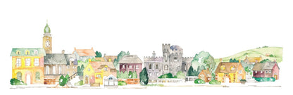 A panoramic watercolor painting of a quaint, European-style village, perfect as Watercolor Castle Wallpaper Mural nursery wallpaper, featuring diverse architecture styles, including a church, castle, and assorted houses, all depicted in soft pastel by Decor2Go Wallpaper Mural.