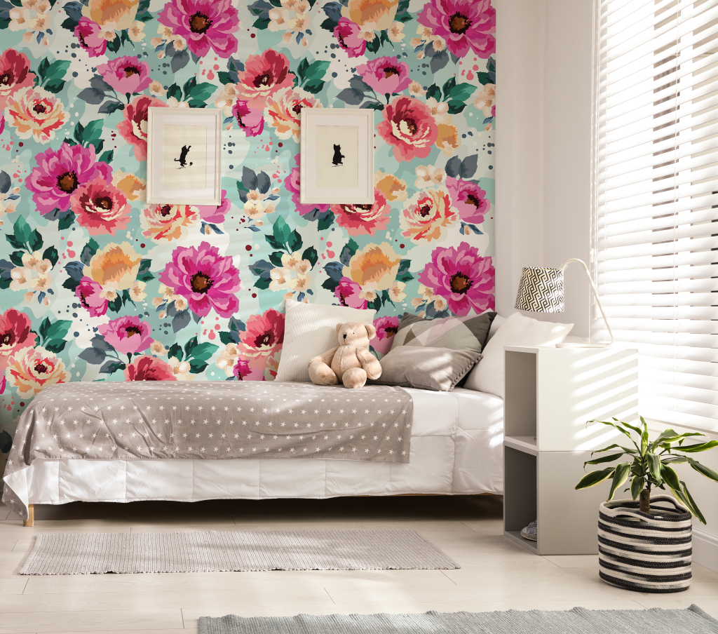 Bedroom - Pink watercolor floral wallpaper mural with blue turquoise background. perfect for the girls bedroom and nursery