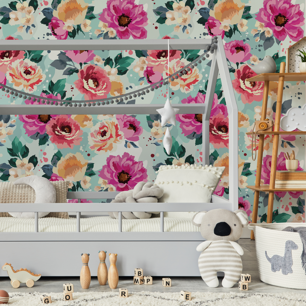Pink watercolor floral wallpaper mural with blue turquoise background. perfect for the girls bedroom and nursery