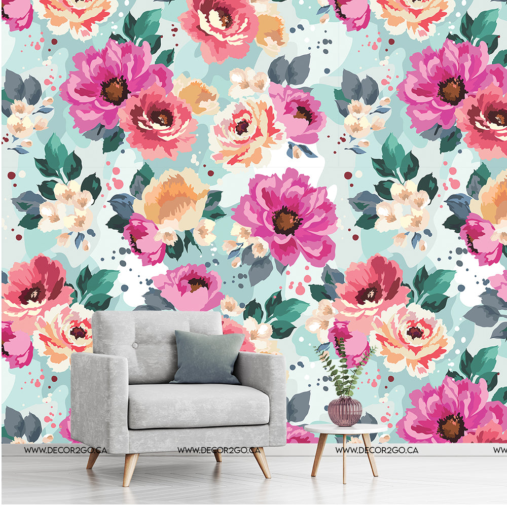 Living Room - Pink watercolor floral wallpaper mural with blue turquoise background. perfect for the blue decor living room