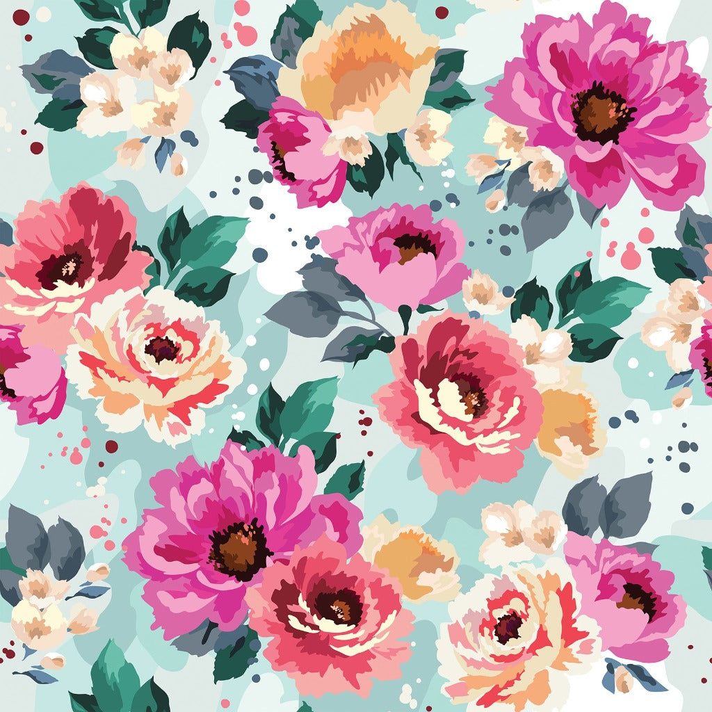 Pink watercolor floral wallpaper mural with blue turquoise background
