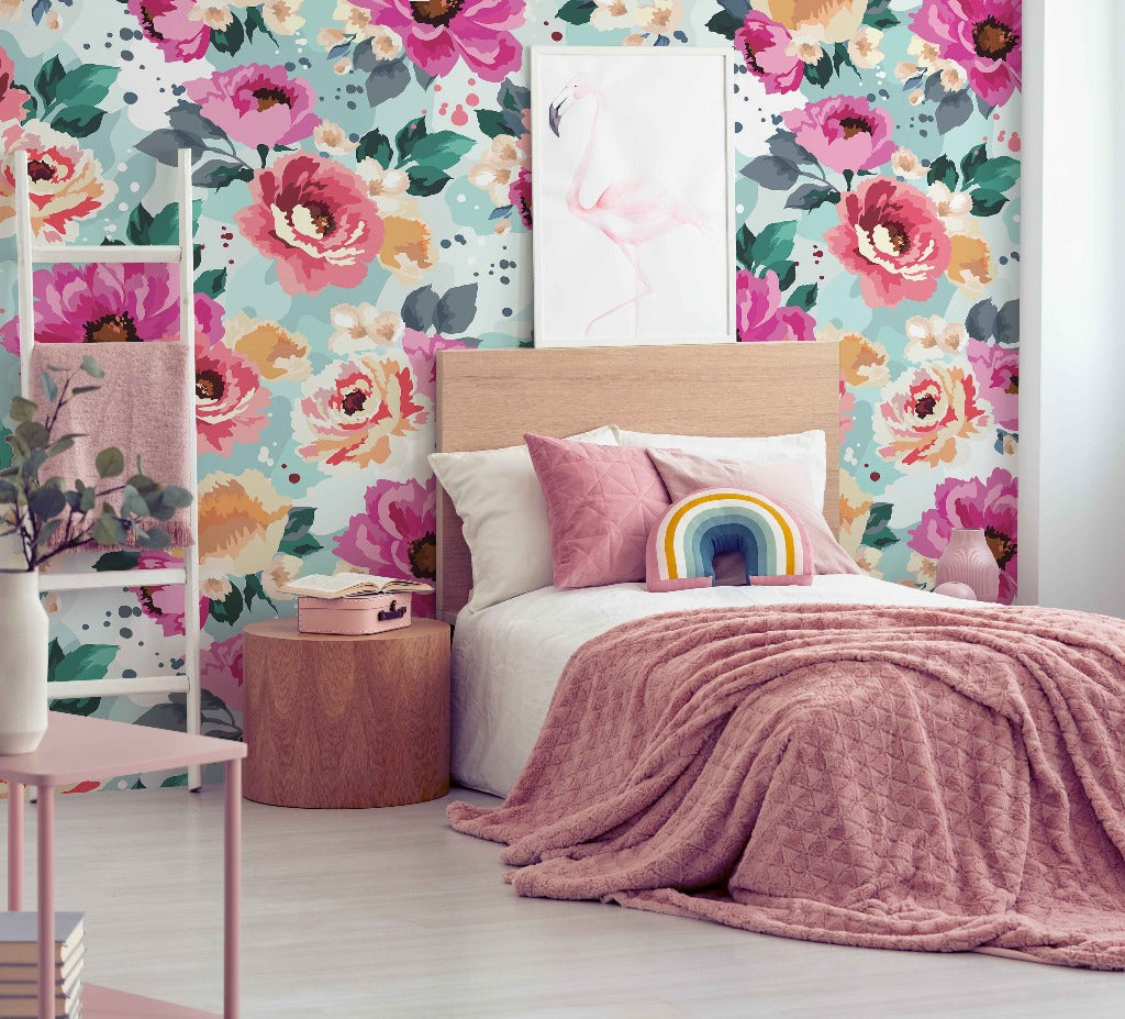 Pink watercolor floral wallpaper mural with blue turquoise background. perfect for the girls bedroom and nursery