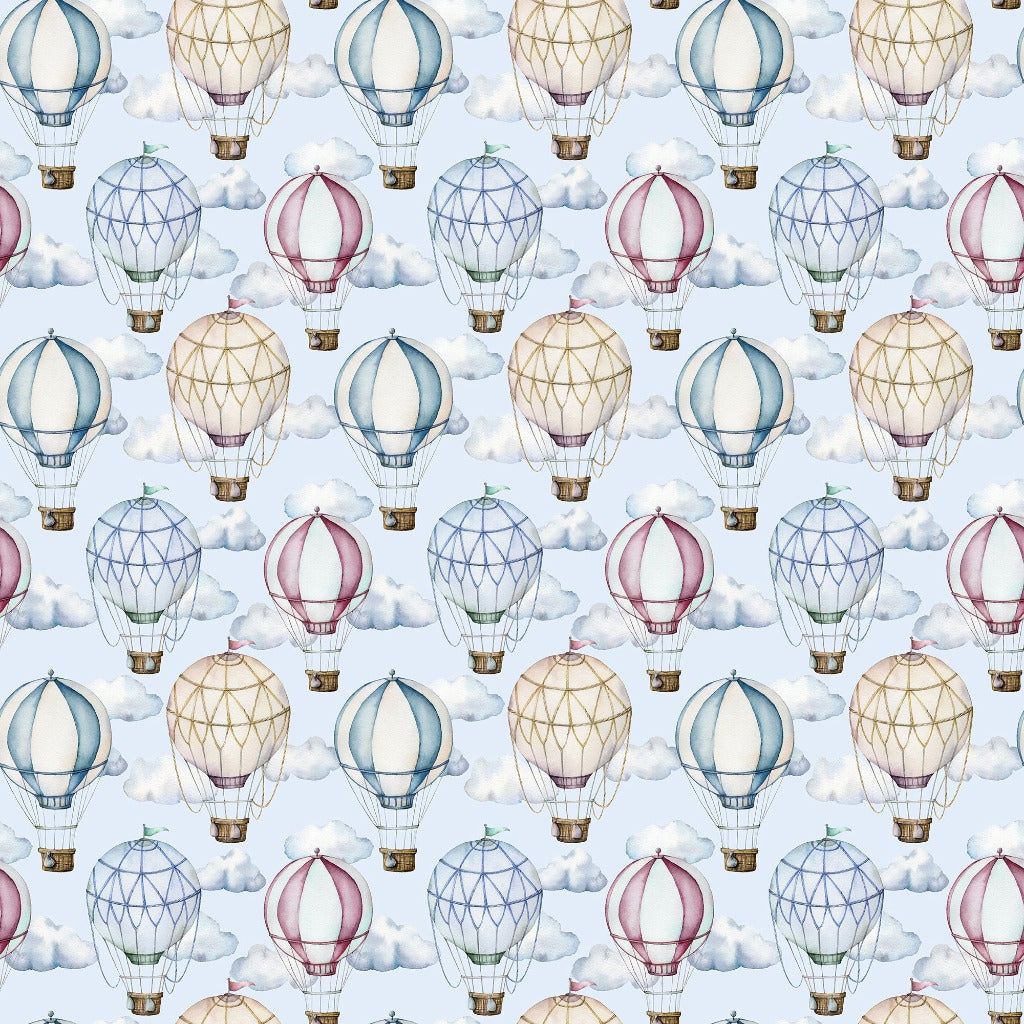 Pattern of Watercolor Hot-Air Balloons Wallpaper Mural featuring watercolor-style balloons in various shades of pink, blue, and white, floating against a cloudy sky background suitable for nursery wall decor by Decor2Go Wallpaper Mural.