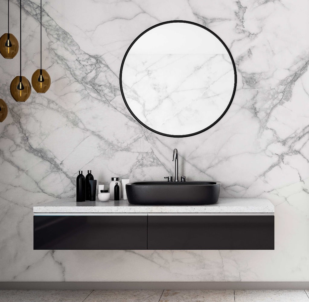 Bathroom - White and black marble wallpaper mural in the bathroom with luxury black vanity
