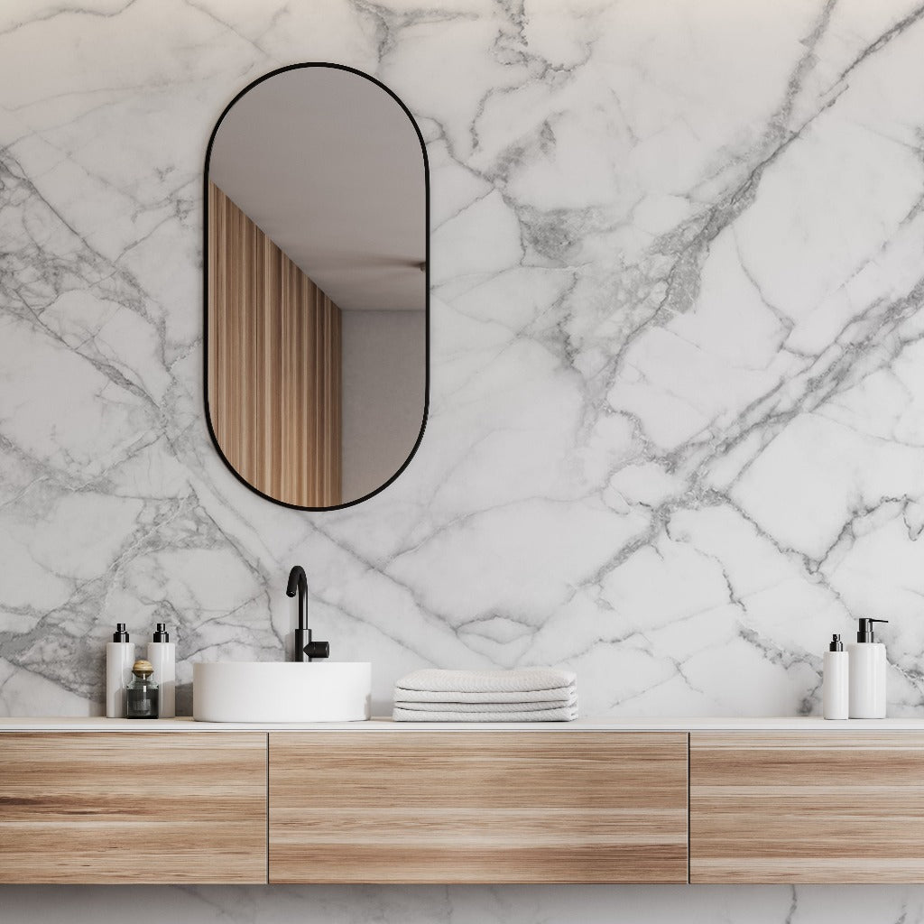 White and black marble wallpaper mural in bathroom with the mirror