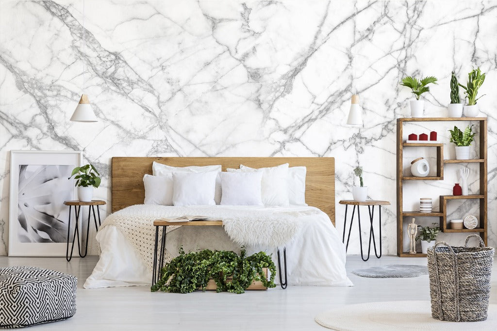 White and black marble wallpaper mural for cozy master bedroom