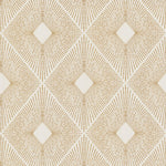 The White & Gold Harlowe Wallpaper by York Wallcoverings features an abstract geometric pattern with diamonds and radiating lines in beige and light brown tones, adding a textured, symmetrical design with a subtle metallic touch to perfect modern spaces.