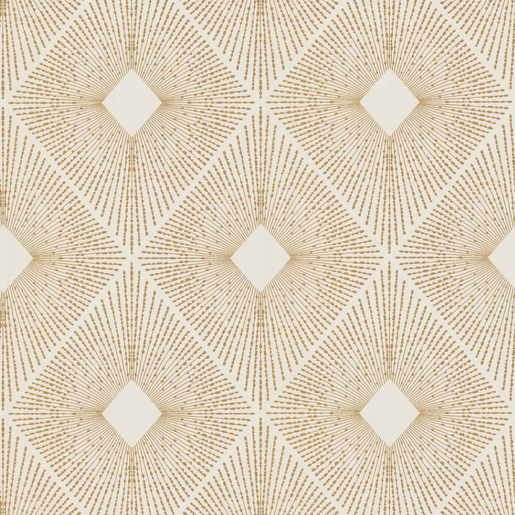 The White & Gold Harlowe Wallpaper by York Wallcoverings features an abstract geometric pattern with diamonds and radiating lines in beige and light brown tones, adding a textured, symmetrical design with a subtle metallic touch to perfect modern spaces.