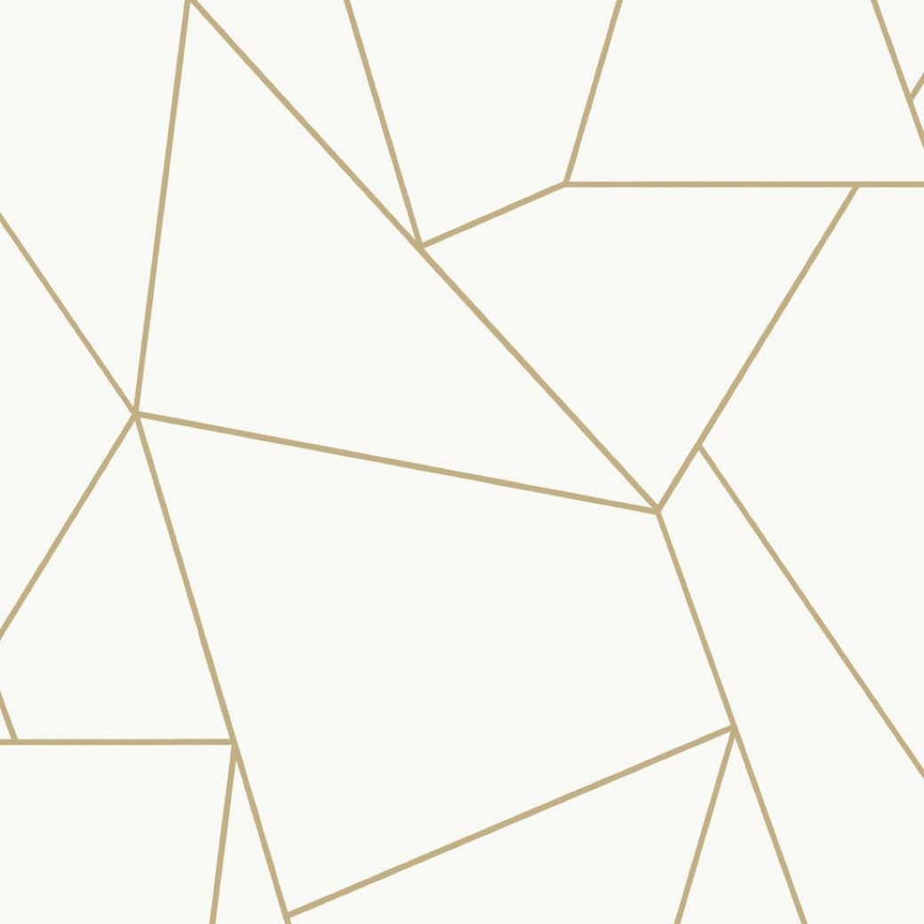 The White & Gold Nazca Wallpaper by York Wallcoverings showcases an abstract geometric design with intersecting gold lines forming polygons on a light backdrop, reminiscent of contemporary Nazca art.