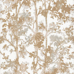 The White & Gold Shimmering Foliage Wallpaper by York Wallcoverings features a textured, nature-inspired design with leafy branches in beige, tan, and light gray on a white background, evoking elegance across 57 square feet.