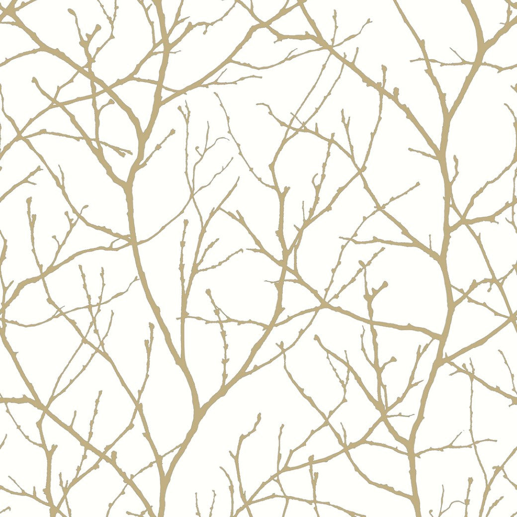 The White & Gold Trees Silhouette Wallpaper by York Wallcoverings features tree branch silhouettes on a light background for a minimalist, organic design, offering natural symmetry and texture that blend seamlessly into the Modern Metals Collection for a strikingly balanced aesthetic.