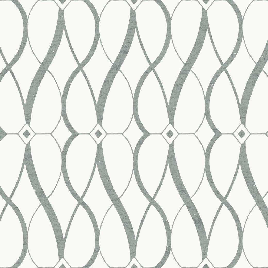 Product Description: The York Wallcoverings White & Silver Graceful Geo Wallpaper features an elegant, romantic geometric design with interlocking curves and diamond shapes in gray on off-white, enhanced by a luminous metallic finish.