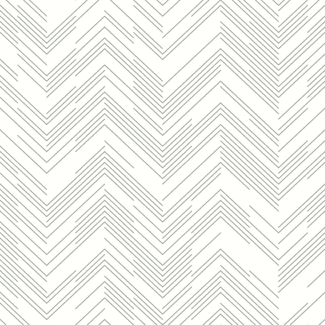 The White & Silver Polished Chevron Wallpaper by York Wallcoverings features a black and white geometric chevron zigzag design on a white background, with thin lines creating a minimalist look reminiscent of their Modern Metals Collection.