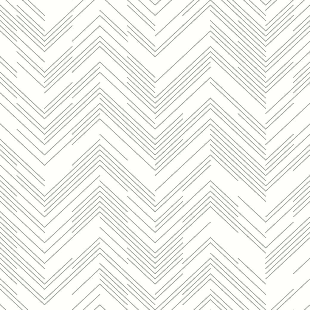 The White & Silver Polished Chevron Wallpaper by York Wallcoverings features a black and white geometric chevron zigzag design on a white background, with thin lines creating a minimalist look reminiscent of their Modern Metals Collection.