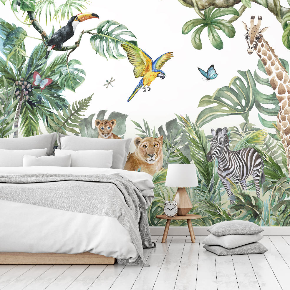 Bedroom - A vibrant bedroom with a Wild Animals and the Jungle Watercolor mural featuring a giraffe, zebra, lion, and exotic birds. A neatly made bed with white bedding complements the lively decor from Decor2Go Wallpaper Mural.
